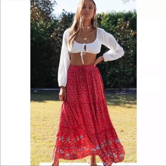 Bohemian Red Floral Print Gypsy Maxi Skirt - Picture 13 of 15
